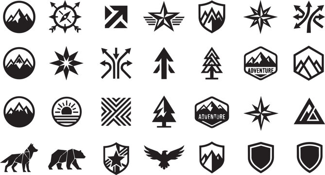 Various minimalist black icons depicting mountains shields compasses trees stars arrows and animals in a grid.