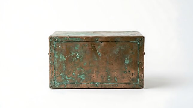 Isolated oxidized copper box with weathered patina texture and rustic metal finish for vintage storage display themes