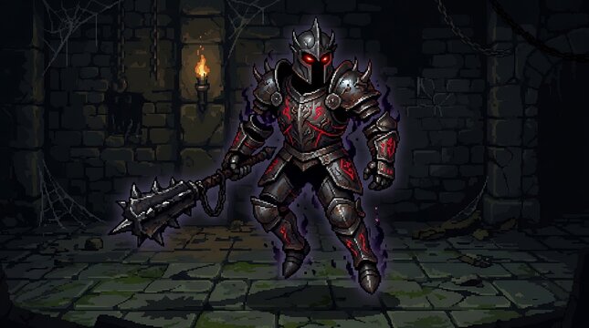 Dark fantasy armored knight holding a heavy spiked iron mace