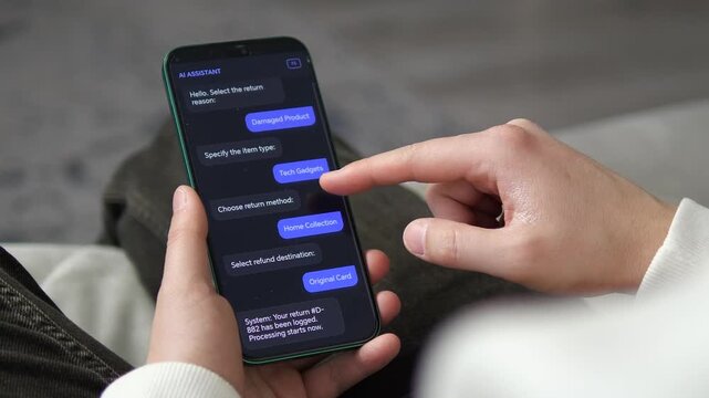 Modern AI Assistant chatbot helping a user return a damaged product on a smartphone. Seamless automated customer service for tech gadgets. Ideal for e-commerce, retail tech, and the future of digital