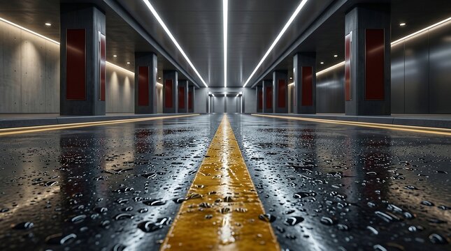 Modern underground parking garage with wet asphalt floor featuring a bright yellow lane marking under sleek linear lighting