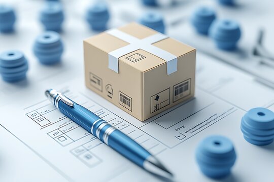 Brown cardboard box with packing tape, blue pen, and blue cylindrical on a technical