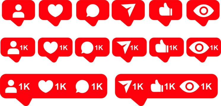 Red social media notification icons collection showing 1k metric counters, vector interface elements including view follower heart comment and share buttons, digital marketing growth milestone asset