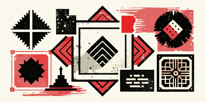 Abstract constructivist geometric shapes with grunge texture elements, vector