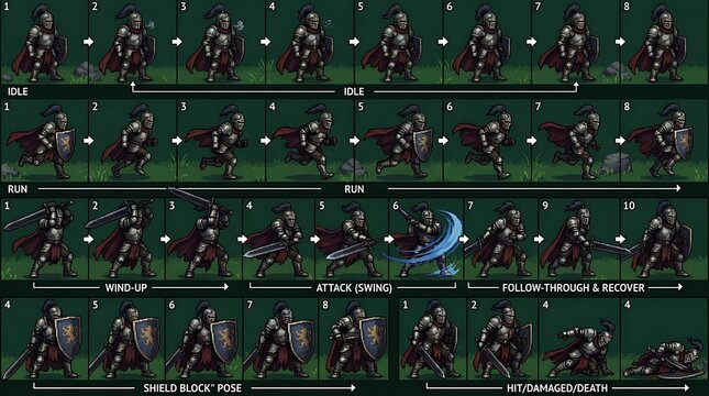 Pixel art knight character animation sheet for side scrolling games