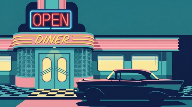 pixel art illustration of retro diner building at night with neon open sign and classic vintage car. 80s nostalgia, synthwave aesthetic concept. banner, website header, poster design with copyspace.
