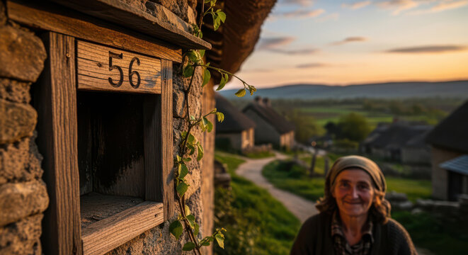Elderly woman in a picturesque village