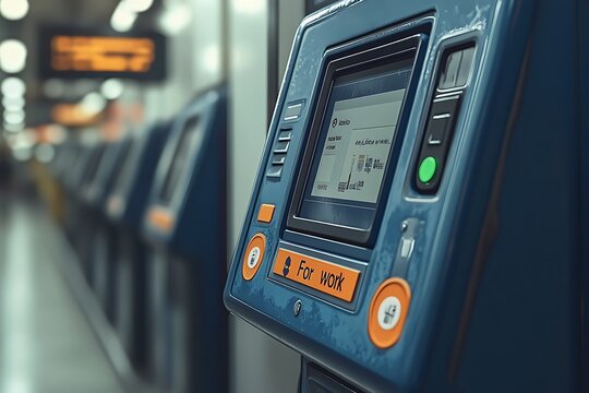 Close-up of a blue ticket vending machine with a screen and buttons, labeled 'for work', in a