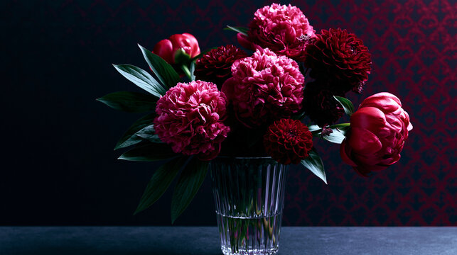 Dark red peony flowers arranged in dramatic low light creating luxurious floral composition with rich texture and moody atmosphere.