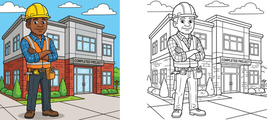 Naklejka premium Happy Male Construction Worker Standing in Front of a Completed Modern Office Building Project, Professional Builder Vector Illustration in Color and Line Art Versions for Coloring