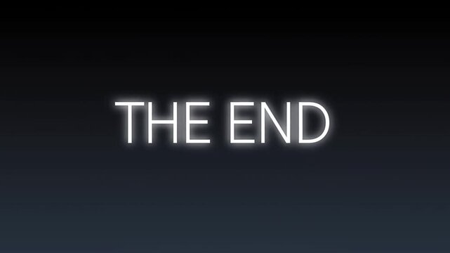 Static shot of neon text the end glowing, pulsing and fading against dark gradient background centered on screen in studio setting