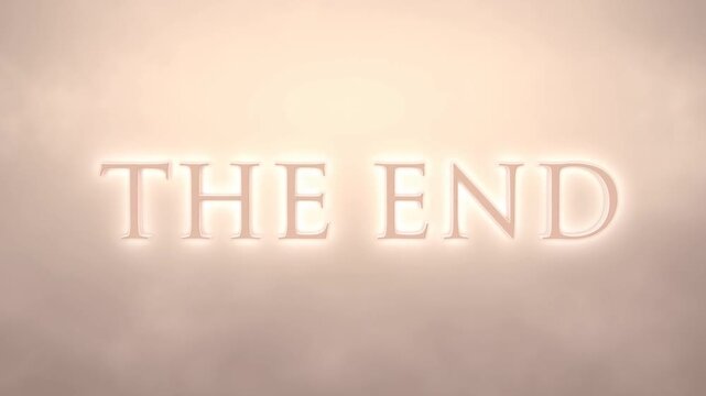 Slow reveal of title text the end emerging and brightening against smoky studio background with subtle zoom and fade in close up