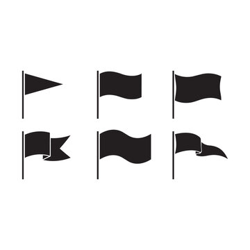 Set of 6 Black Flag Silhouettes on Poles &mdash; Various Waving and Pennant Flag Shapes, Event Marker and Sports Concept Vector Collection
