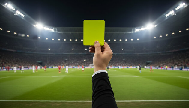 Referee holding yellow card at soccer stadium