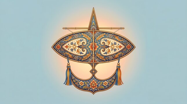 Illustration of a traditional Malaysian Wau Bulan, or moon kite, featuring intricate floral and batik-inspired patterns, isolated on a light blue background.