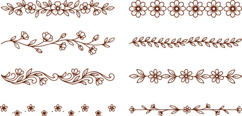 Collection of delicate hand-drawn floral and leaf borders and dividers with romantic vine patterns. © Sadhin