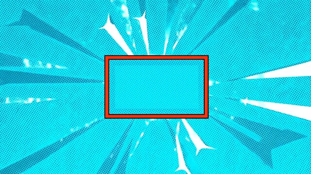 Static shot of comic style rectangle panel with radial burst animation and halftone turquoise background center framed box with red border