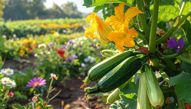Fresh Green Zucchini Growing with Yellow Blossoms in Sunny Vegetable Garden