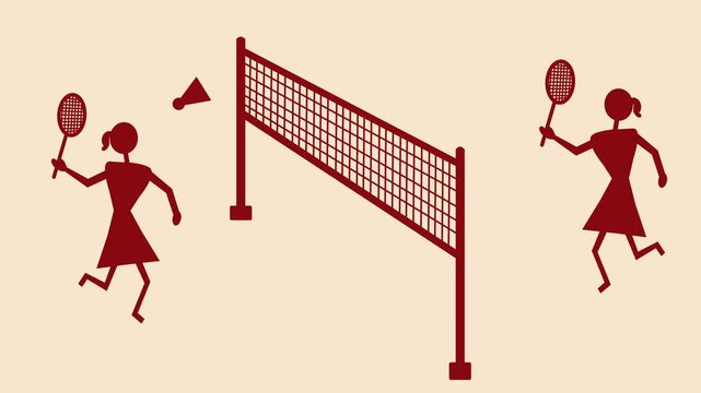 Animated Warli style two girls playing badminton with rackets, shuttlecock and net, depicts sportsmanship, fitness, teamwork, and active lifestyle