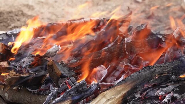 Burning wood on sandy ground.