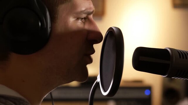 Close up tracking shot of man singing into microphone in home recording studio with warm backlit lighting and shallow depth
