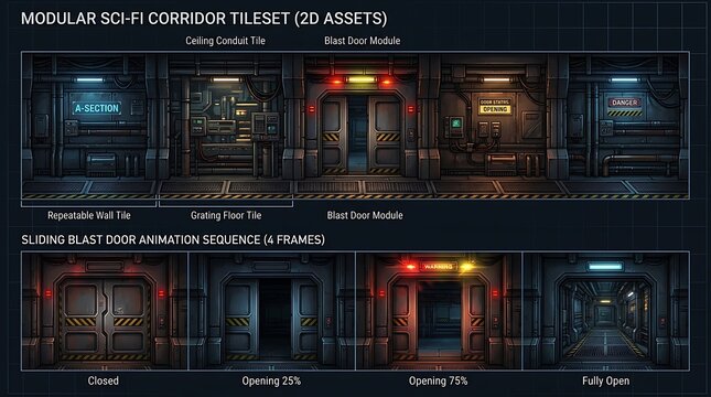 Modular science fiction corridor tileset with animated blast door asset frames