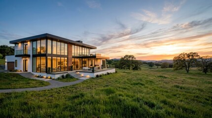 Obraz premium Modern luxury house with large windows set on a green hill overlooking a beautiful sunset landscape.