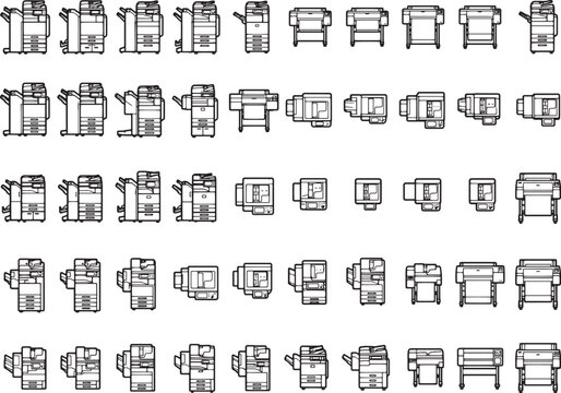 A collection of various office equipment including photocopiers and printers rendered as simple, clean line art illustrations in a grid layout.