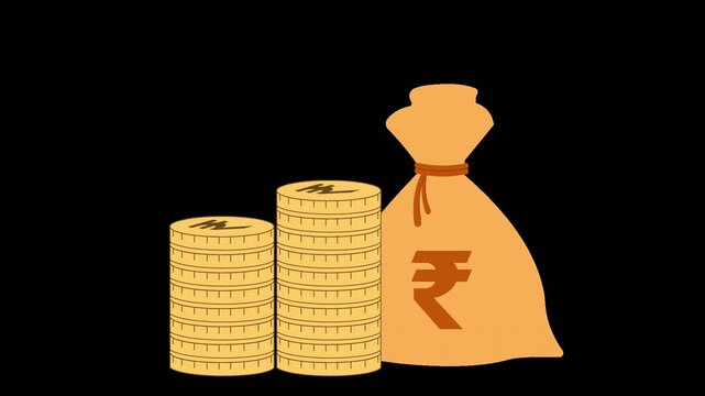rupee coin stacks and money bag wealth savings alpha channel animation