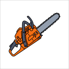 Naklejka premium Orange petrol chainsaw power tool illustration vector icon for professional lumberjack wood cutting industry work isolated on white background