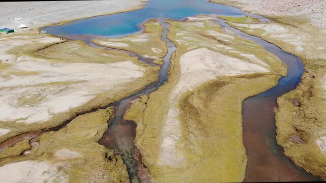Cinematic tilt up revealing high altitude lake and Himalayan peaks.