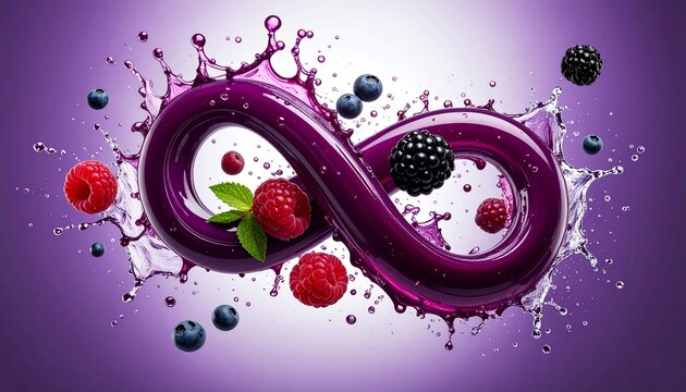 A creative conceptual image of a purple infinity loop liquid splash with fresh wild berries and mint leaves on a vibrant purple background.