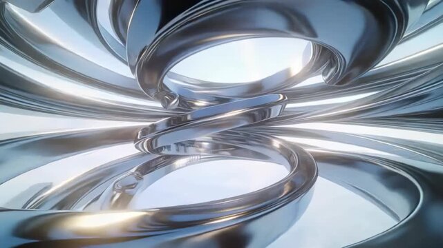 Rotating chrome ribbons forming helical column in blue studio after light shift, specular flares
