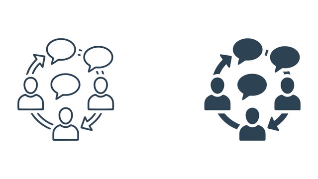 Circular group communication icon with multiple speech bubbles representing team discussion and feedback exchange in a professional flat vector illustration for collaborative work environments
