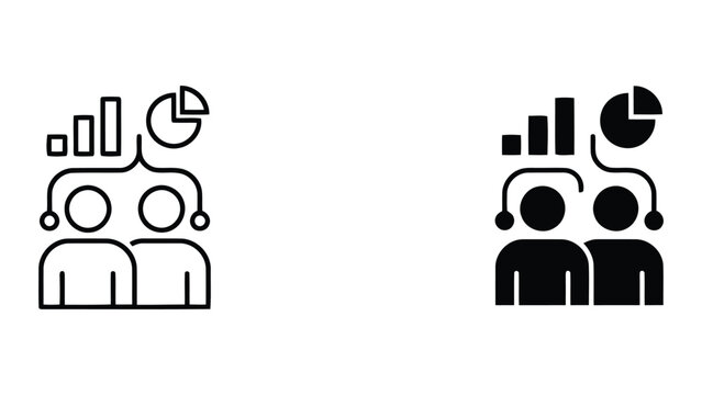 Team data analytics and performance reporting icon set with charts and pie graphs