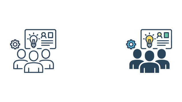 Creative brainstorming and project strategy icon set with lightbulb and team presentation board for corporate innovation and development illustration
