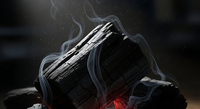 Burning charcoal briquettes glowing with smoke and embers.