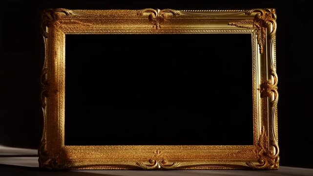 Panning shot of ornate gold picture frame revealing shifting light and shadow across empty black interior backdrop on tabletop studio setting