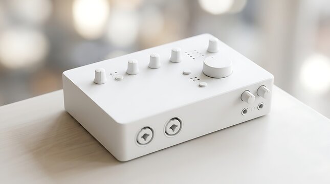 Modern white audio interface mockup with volume knobs and connection ports for professional music recording production