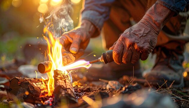 A close up shot of a person using a handheld blowtorch to ignite a wood campfire during a rustic outdoor adventure in the golden hour light.
