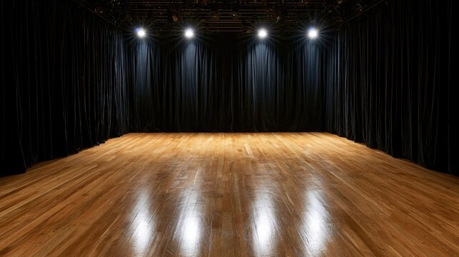 Empty wooden stage with black curtains and spotlight illumination