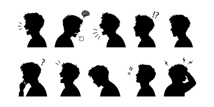 Human Emotion Silhouette Set Showing Stress Anxiety Confusion Anger and Mental Health Concepts Vector Illustration