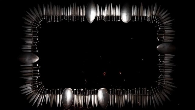 Static shot of metal blade frame with sparks flying around rectangular border of knives bullets and shields in dark workshop studio against black background