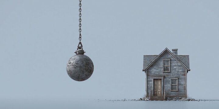 house with wrecking ball for demolition 
