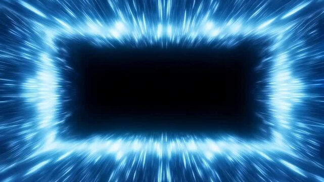 Zooming tracking shot of glowing rectangular portal streaking outward revealing dark center in radial energy tunnel on black background