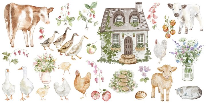 Farming life watercolor hand painted icon set with barnyard animal, cottage house, strawberry, ranch equipment. Cute rural country living collection isolated background. For logo, social media design.