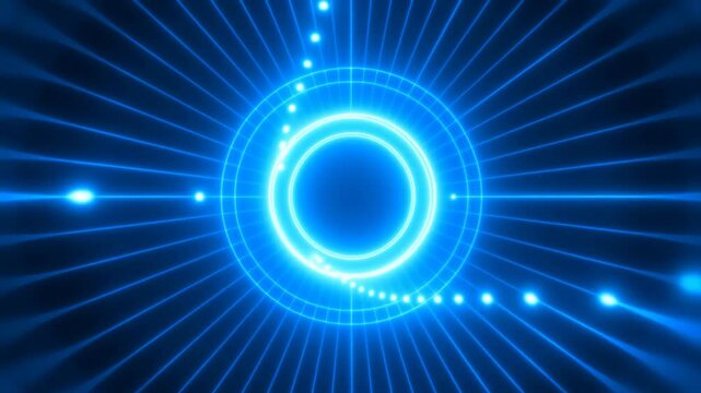 Static shot of rotating glowing radial hud rings emitting particle trails and pulsing light elements on dark digital screen background