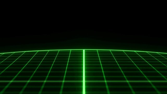Tracking shot low angle dolly of glowing green grid receding toward distant horizon over virtual retro digital landscape with neon lines