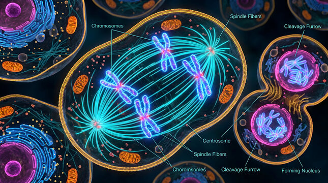 Microscopic cell mitosis stages diagram. Chromosome separation and spindle fibers activity. Biology education and biotechnology concept