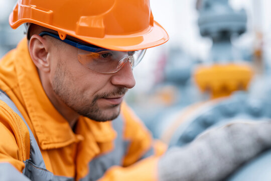 Engineer wears orange hard hat and safety glasses. Focused worker examines industrial equipment closely. Background shows blurred machinery and valves. Ideal for energy, construction
